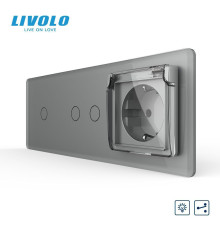 Прохідний сенсорний димер LIVOLO 3 сенсори (1-2) з розеткою IP44, кришка, сірий 2.5D скло, 16A 230V, заземлення