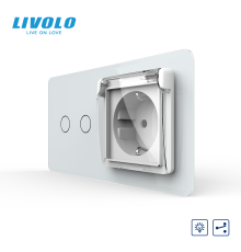Прохідний сенсорний димер LIVOLO 2 сенсори з розеткою IP44, білий 2.5D, 16A 230V, із заземленням, шторки