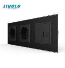 Розетка тримісна комбінована Силова Інтернет LIVOLO чорна матова скло