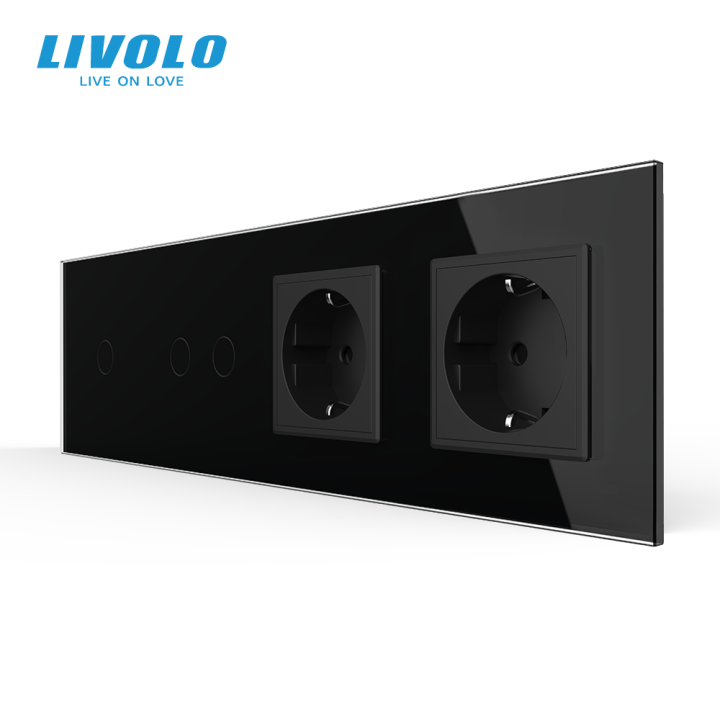 Сенсорний вимикач 3 сенсора (1-2) 2 розетки Livolo чорний скло (VL-C701/C702/C7C2EU-12) · LIVOLO · VL-C701/C702/C7C2EU-12