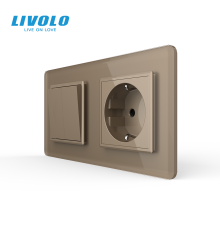 Двоклавішний вимикач з розеткою LIVOLO золотий 2.5D скло