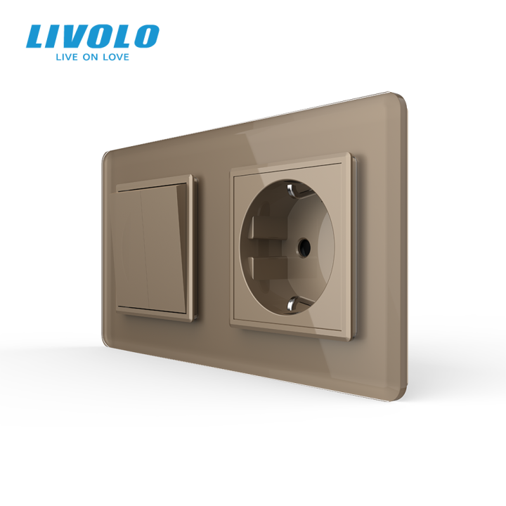 Двоклавішний вимикач з розеткою LIVOLO золотий 2.5D скло · LIVOLO · VL-C7FC2MK/FCTC16A-4AS05