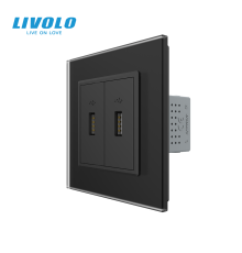 Розетка подвійна USB з блоком живлення LIVOLO чорна матова скло