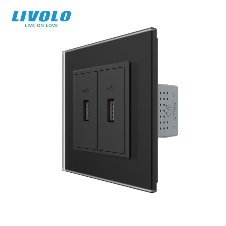 Розетка подвійна USB з блоком живлення LIVOLO чорна матова скло · LIVOLO · VL-C7FCUA/FCUA-2BS06