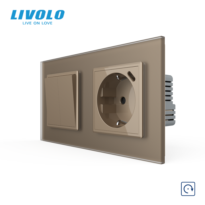 Подвійний вимикач без фіксації LIVOLO з розеткою та USB Type-C 18Вт, золотий матовый, скло, заземлення · LIVOLO · VL-C7FCMH1/FCTF16A.UC18W-4AS06
