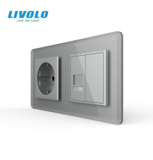Розетка двомісна комбінована Силова Інтернет LIVOLO сіра 2.5D скло