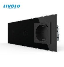 Сенсорний димер LIVOLO 2 сенсори (1-1) з розеткою з USB Type-C 18Вт, 16A 230V, заземлення, чорний матовый скло
