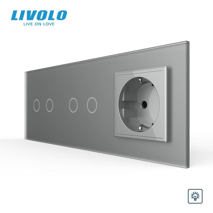 Сенсорний димер LIVOLO 4 сенсори (2-2) з розеткою, сірий матовый, скло, 16A 230V, із заземленням, захисні шторки · LIVOLO · VL-C7FC2D/FC2D/FCTC16A-6IS06