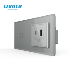 Сенсорний (дотиковий) вимикач LIVOLO з розеткою USB-A + USB-C 36Вт сірий 2.5D скляна рамка