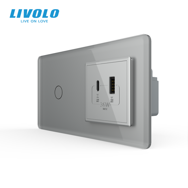 Сенсорний (дотиковий) вимикач LIVOLO з розеткою USB-A + USB-C 36Вт сірий 2.5D скляна рамка · LIVOLO · VL-C7FC1/FCUA18W.UC18W-4IS05