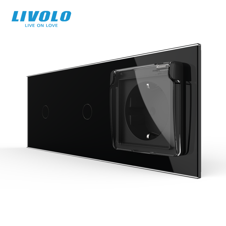 Сенсорний димер LIVOLO 2 сенсори (1-1) з розеткою IP44, кришка, 16A 230V, заземлення, чорний матовый скло · LIVOLO · VL-C7FC1D/FC1D/FCTC16A/XW001-6BS06
