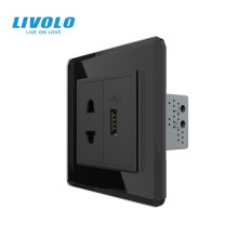 Розетка універсальна з USB розеткою LIVOLO чорна 2.5D скло