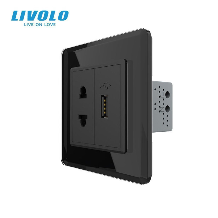 Розетка універсальна з USB розеткою LIVOLO чорна 2.5D скло · LIVOLO · VL-C7FCT25/FCUA-2BS05