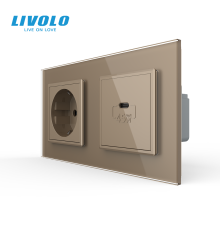 Розетка LIVOLO з USB-C Power Delivery 45Вт, золота, настінна дизайнерська, скляна рамка