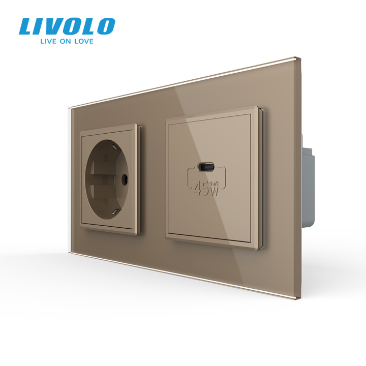 Розетка LIVOLO з USB-C Power Delivery 45Вт, золота, настінна дизайнерська, скляна рамка · LIVOLO · VL-C7FCTC16A/FCUC-4AP