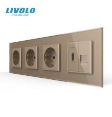 Розетка чотиримісна з HDMI і Інтернет RJ-45, LIVOLO золота, настінна, скляна рамка