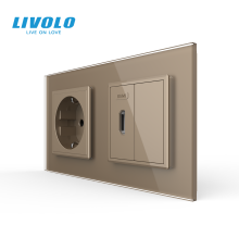 Розетка HDMI LIVOLO, золота, настінна дизайнерська, скляна рамка