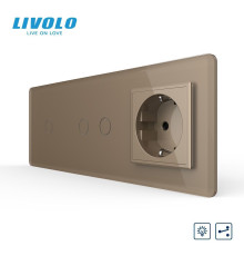 Сенсорний прохідний димер LIVOLO 3 сенсори (1-2) з розеткою, золотий 2.5D скло, 16A 230V, заземлення, захисні шторки