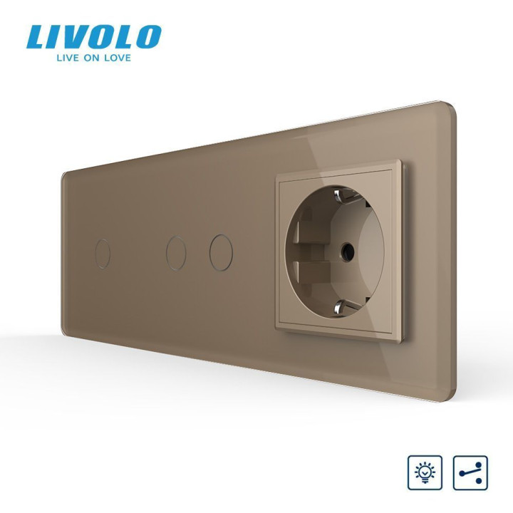 Сенсорний прохідний димер LIVOLO 3 сенсори (1-2) з розеткою, золотий 2.5D скло, 16A 230V, заземлення, захисні шторки · LIVOLO · VL-C7FC1SD/FC2SD/FCTC16A-6AS05