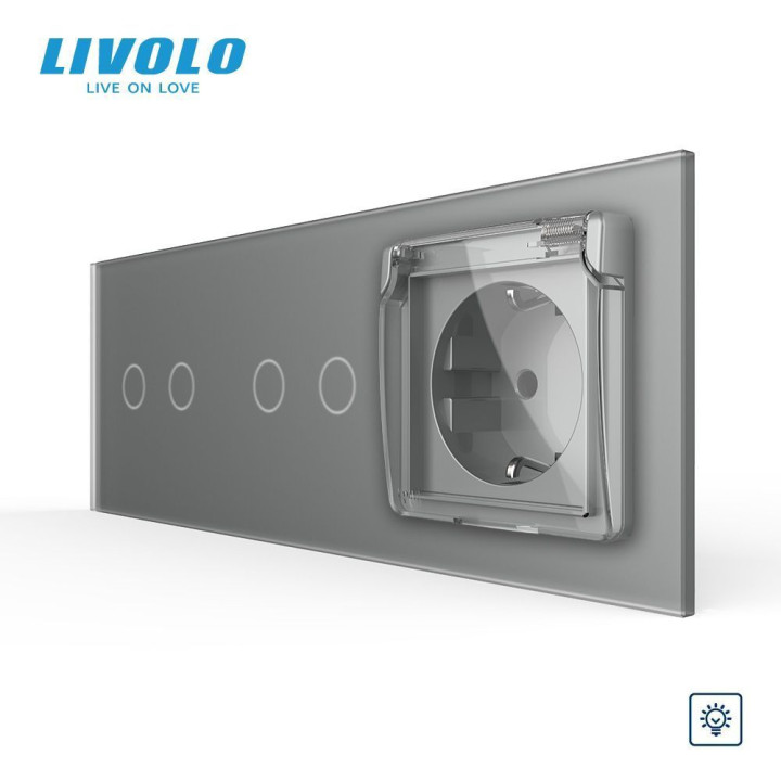 Сенсорний димер LIVOLO 4 сенсори (2-2) з розеткою IP44, кришка, сірий матовый скло, 16A 230V, заземлення · LIVOLO · VL-C7FC2D/FC2D/FCTC16A/XW001-6IS06