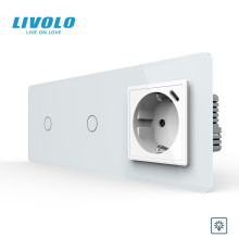 Сенсорний димер LIVOLO 2 сенсори (1-1) з розеткою з USB Type-C 18Вт, 16A 230V, заземлення, білий 2.5D скло