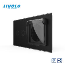 Прохідний сенсорний димер LIVOLO 2 сенсори з розеткою IP44, чорний матовый, 16A 230V, із заземленням, шторки