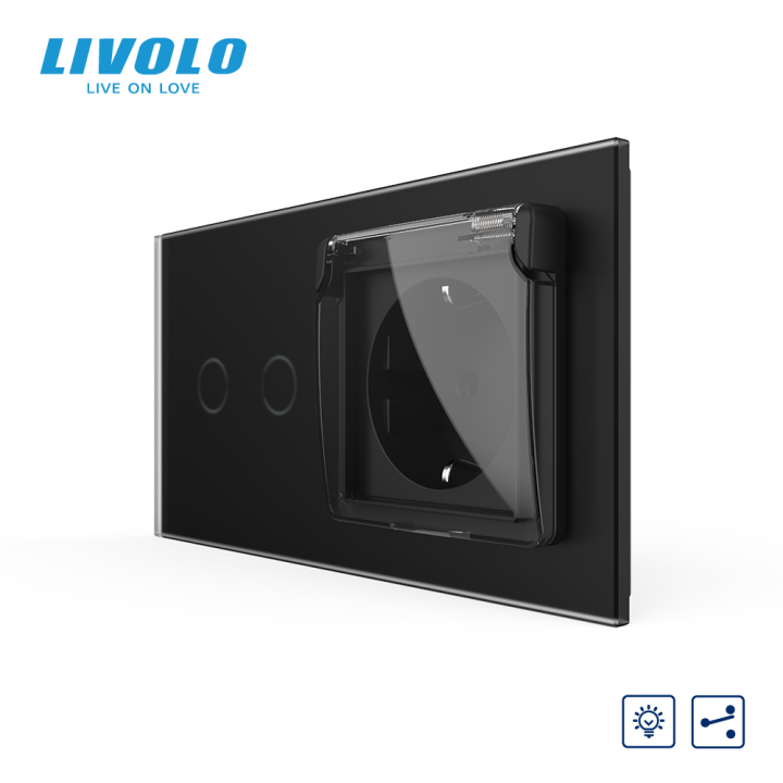 Прохідний сенсорний димер LIVOLO 2 сенсори з розеткою IP44, чорний матовый, 16A 230V, із заземленням, шторки · LIVOLO · VL-C7FC2SD/FCTC16A/XW001-4BS06