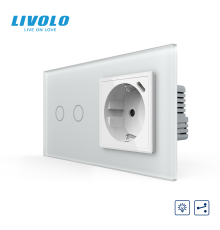 Прохідний сенсорний димер LIVOLO на 2 сенсори з розеткою та USB Type-C 18Вт, білий матовый, заземлення