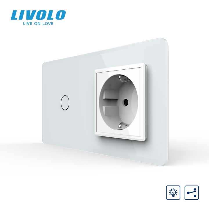 Сенсорний прохідний димер з розеткою LIVOLO 16А 230В із заземленням, шторки, білий 2.5D, скло · LIVOLO · VL-C7FC1SD/FCTC16A-4WS05