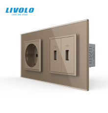 Розетка з заземленням з 2 USB розетками Livolo золотой скло (VL-C7C1EU2USB-13)
