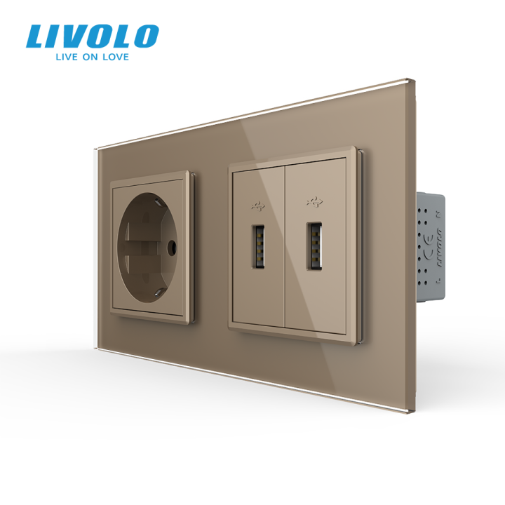 Розетка з заземленням з 2 USB розетками Livolo золотой скло (VL-C7C1EU2USB-13) · LIVOLO · VL-C7C1EU2USB-13