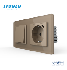 Перехресний вимикач LIVOLO з розеткою та USB Type-C 18Вт, золотий 2.5D, скло, із заземленням і захисними шторками