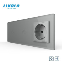 Сенсорний прохідний димер LIVOLO 2 сенсори (1-1) з розеткою, сірий 2.5D скло, 16A 230V, заземлення, захисні шторки