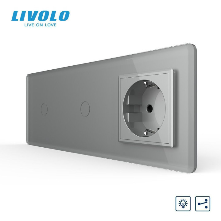 Сенсорний прохідний димер LIVOLO 2 сенсори (1-1) з розеткою, сірий 2.5D скло, 16A 230V, заземлення, захисні шторки · LIVOLO · VL-C7FC1SD/FC1SD/FCTC16A-6IS05
