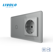 Сенсорний прохідний димер з розеткою LIVOLO 16А 230В із заземленням, шторки, сірий 2.5D, скло
