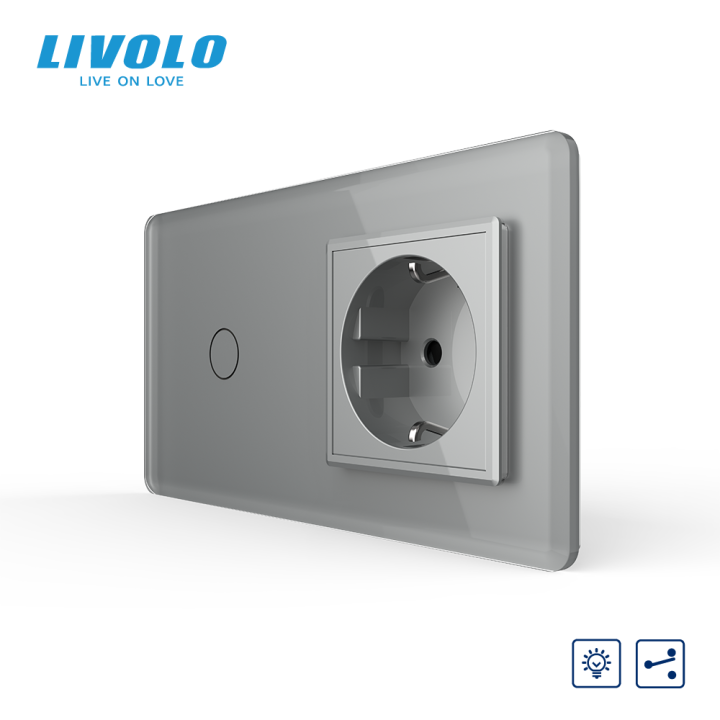 Сенсорний прохідний димер з розеткою LIVOLO 16А 230В із заземленням, шторки, сірий 2.5D, скло · LIVOLO · VL-C7FC1SD/FCTC16A-4IS05