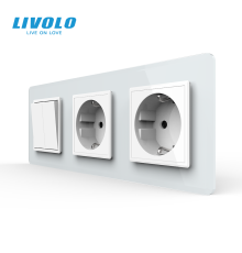 Двоклавішний вимикач з подвійною розеткою LIVOLO білий 2.5D скло