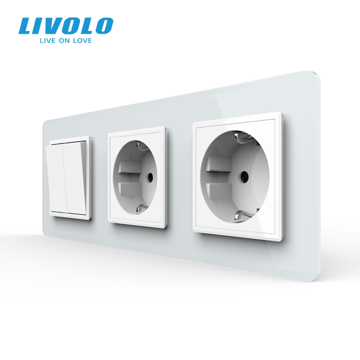 Двоклавішний вимикач з подвійною розеткою LIVOLO білий 2.5D скло · LIVOLO · VL-C7FC2MK/FCTC16A/FCTC16A-6WS05