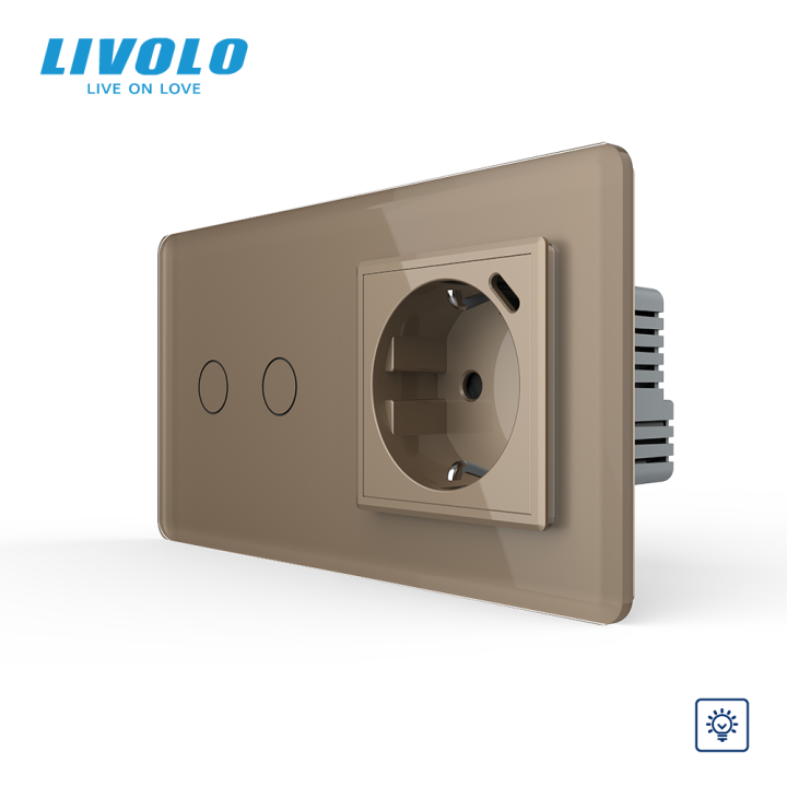 Сенсорний димер LIVOLO на 2 сенсори з розеткою та USB Type-C 18Вт, золотий 2.5D, розетка 16А 230В із заземленням · LIVOLO · VL-C7FC2D/FCTF16A.UC18W-4AS05