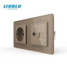 Розетка двомісна комбінована Силова Інтернет ТБ LIVOLO золота 2.5D скло