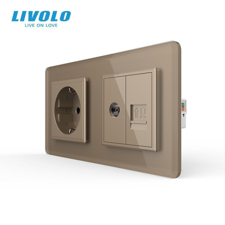 Розетка двомісна комбінована Силова Інтернет ТБ LIVOLO золота 2.5D скло · LIVOLO · VL-C7FCTC16A/FCCP/FCTV-4AS05