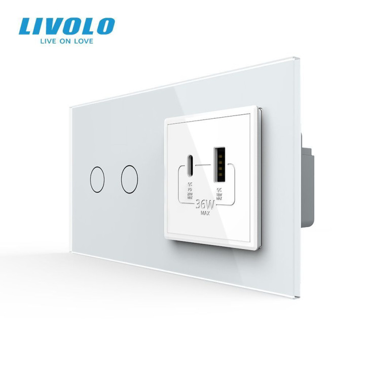 Сенсорний (дотиковий) прохідний подвійний вимикач LIVOLO з розеткою USB-A + USB-C 36 Вт білий скляна рамка · LIVOLO · VL-C7FC2S/FCUA18W.UC18W-4WP