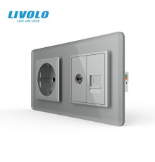 Розетка двомісна комбінована Силова Інтернет ТБ LIVOLO сіра 2.5D скло