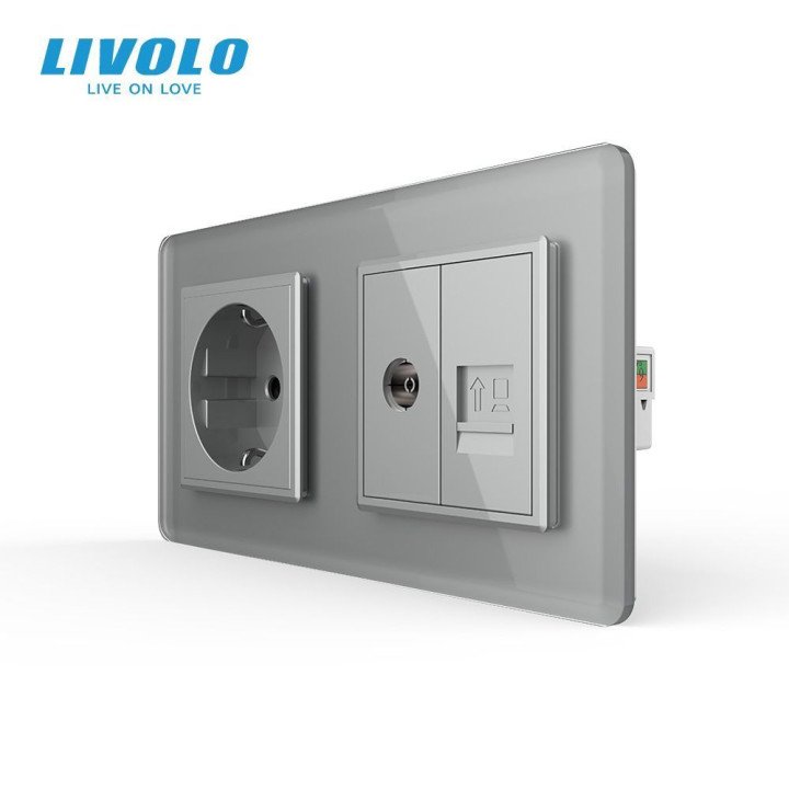 Розетка двомісна комбінована Силова Інтернет ТБ LIVOLO сіра 2.5D скло · LIVOLO · VL-C7FCTC16A/FCCP/FCTV-4IS05