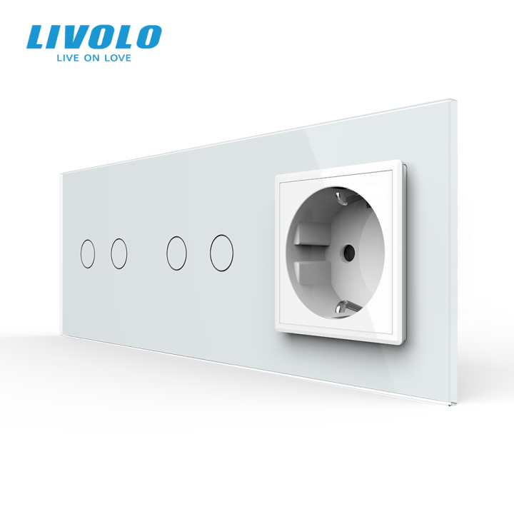 Сенсорний вимикач 4 сенсора (2-2) 1 розетка Livolo білий скло (VL-C702/C702/C7C1EU-11) · LIVOLO · VL-C7FC2/FC2/FCTC16A-6WP