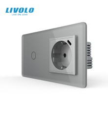 Сенсорний вимикач LIVOLO з розеткою та USB Type-C 18Вт, сірий 2.5D, скло, із заземленням і шторками, 16А 230В