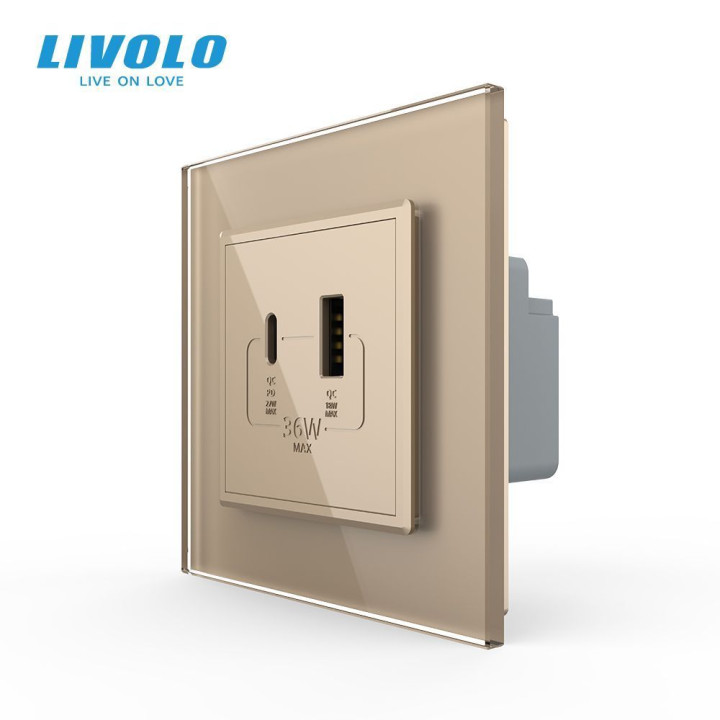 Розетка USB-A та USB-C з Power Delivery 36W Livolo золотий скло (VL-C7FCUA18W.UC18W-2AP) · LIVOLO · VL-C7FCUA18W.UC18W-2AP