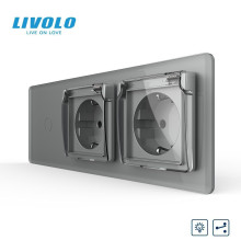 Прохідний сенсорний димер LIVOLO з двома розетками з кришкою IP44, сірий 2.5D, скло, 16A 230V, заземлення, шторки