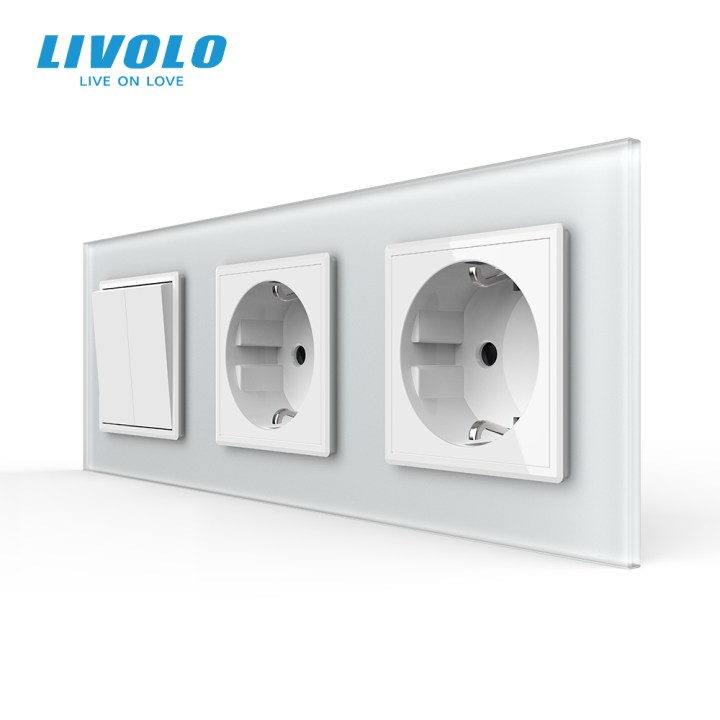 Двоклавішний вимикач з подвійною розеткою LIVOLO білий матовий скло · LIVOLO · VL-C7FC2MK/FCTC16A/FCTC16A-6WS06