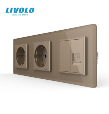 Розетка тримісна комбінована Силова Інтернет LIVOLO золота 2.5D скло